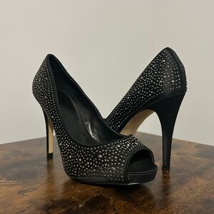 Le Chateau Black Studded Peep-Toe Heels - Size 8